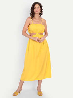 MINGLAY Women Fit and Flare Yellow Midi/Calf Length Dress