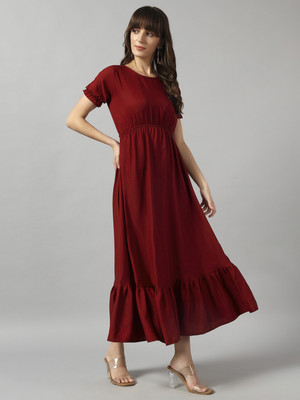 Raiyani Enterprise Women Fit and Flare Maroon Midi/Calf Length Dress