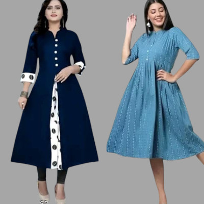 Houseofcommonk Women Printed Anarkali Kurta(Blue, Light Blue)