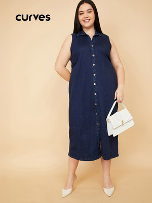 MAX Women A-line Blue Midi/Calf Length Dress