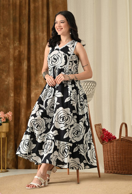 Sijopa Women Gathered Black Midi/Calf Length Dress