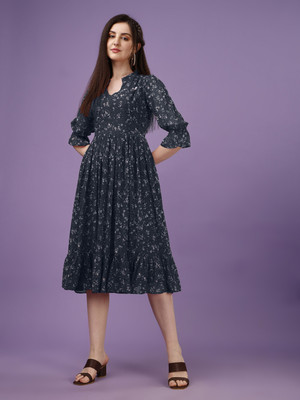 Fashion2wear Women A-line Dark Blue, White Midi/Calf Length Dress