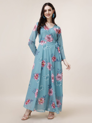 Fashion2wear Women Gown Light Blue Maxi/Full Length Dress