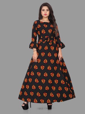 tanvi creation Women Fit and Flare Yellow, Red, Black Dress