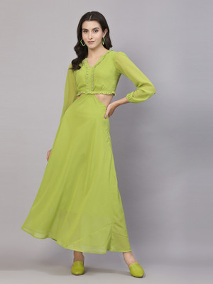 AAYU Women Fit and Flare Light Green Maxi/Full Length Dress