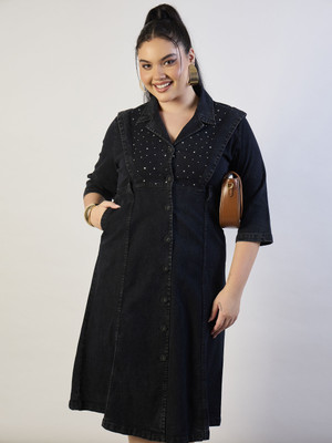 SASSAFRAS Curve Women A-line Black Midi/Calf Length Dress