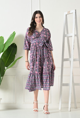 guru fashion Women Fit and Flare Purple Midi/Calf Length Dress