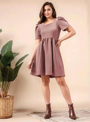 Dwarros Women Fit and Flare Brown Above Knee/Mid Thigh Length Dress