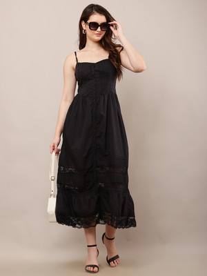 Nobarr Women Fit and Flare Black Midi/Calf Length Dress