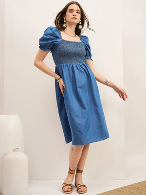 ZUMMER Women Fit and Flare Blue Midi/Calf Length Dress