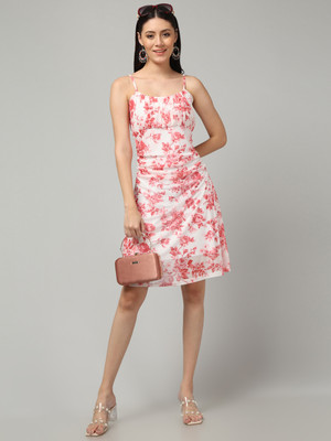clobug Women Gathered Pink Above Knee/Mid Thigh Length Dress