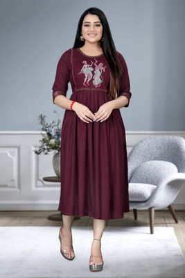 ShopGlobal Women Fit and Flare Maroon Midi/Calf Length Dress