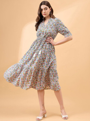 all about you Women A-line Multicolor Midi/Calf Length Dress