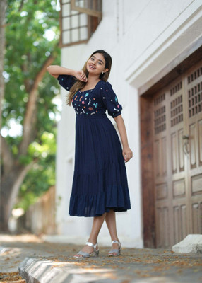 sadhnazon Women A-line Green Midi/Calf Length Dress
