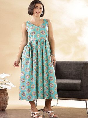 ANOUK Women Fit and Flare Light Blue Maxi/Full Length Dress