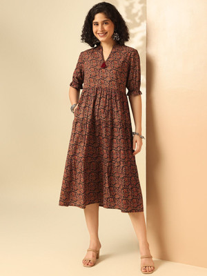 ANOUK Women Fit and Flare Brown Below Knee Dress