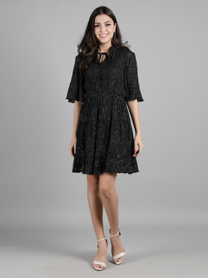 DRAPE AND DAZZLE Women Fit and Flare Black Above Knee/Mid Thigh Length Dress
