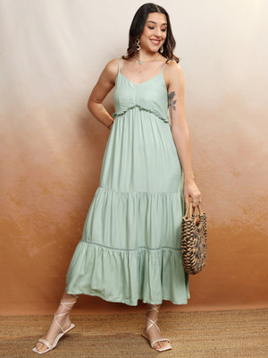 Vishudh Women A-line Green Maxi/Full Length Dress