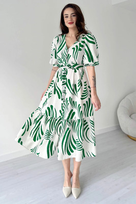 Moda Rapido Women Fit and Flare White, Green Midi/Calf Length Dress