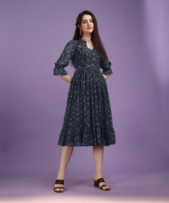 Fashion2wear Women Fit and Flare Dark Blue Midi/Calf Length Dress