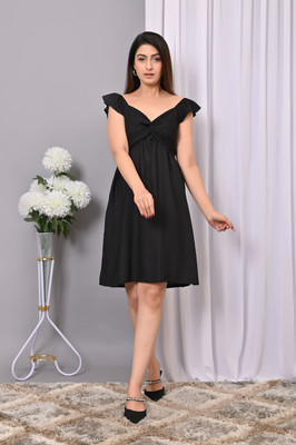 VYMO Women Fit and Flare Black Above Knee/Mid Thigh Length Dress