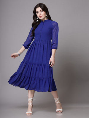 AAYU Women Fit and Flare Dark Blue Midi/Calf Length Dress