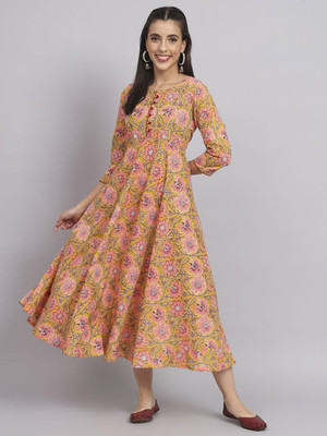 all about you Women A-line Yellow Midi/Calf Length Dress