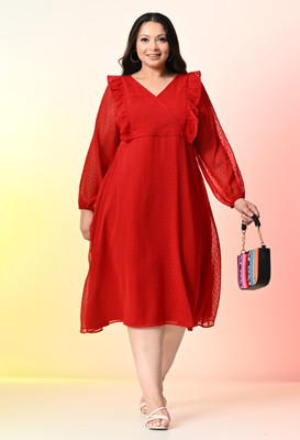 PrettyPlus by Desinoor.com Women Fit and Flare Red Midi/Calf Length Dress