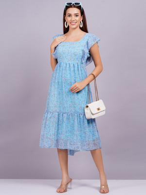 Highlight fashion export Women Fit and Flare Light Blue Midi/Calf Length Dress