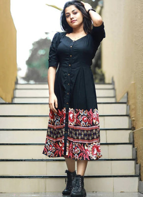 Gulabo Women Fit and Flare Multicolor Midi/Calf Length Dress