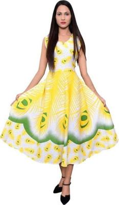 Namokar Women Fit and Flare Yellow Midi/Calf Length Dress