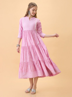 Globus Women Fit and Flare Pink, White Maxi/Full Length Dress