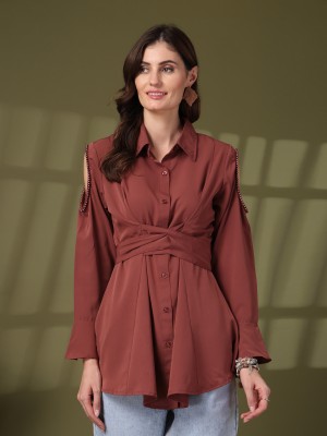 PLUSS Women Solid Casual Brown Shirt