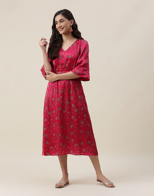 Fabindia Women A-line Pink Midi/Calf Length Dress