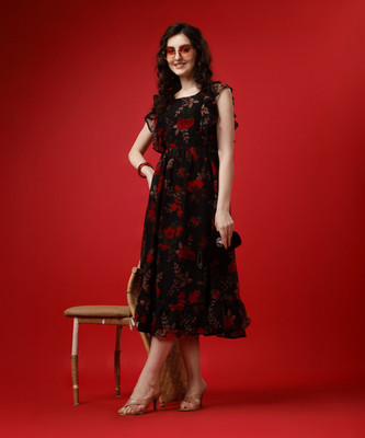 Fashion2wear Women Fit and Flare Black Midi/Calf Length Dress