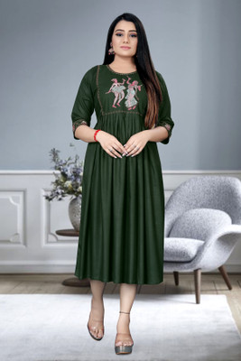 ShopGlobal Women A-line Green Midi/Calf Length Dress