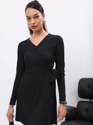 KETCH Women Wrap Black Above Knee/Mid Thigh Length Dress