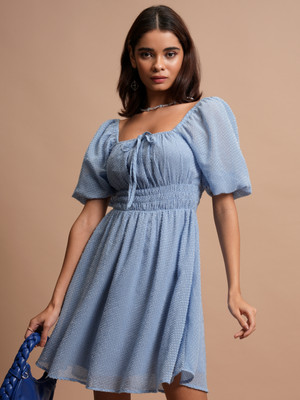 Tokyo Talkies Women Fit and Flare Light Blue Above Knee/Mid Thigh Length Dress