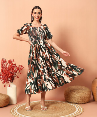 OTABU Women A-line Green Midi/Calf Length Dress