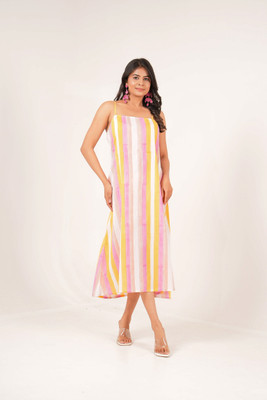 Akaay Stories Women A-line White, Orange Midi/Calf Length Dress