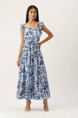Deewa Women Fit and Flare Blue, White Maxi/Full Length Dress