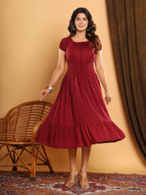 Diyakurtis Women A-line Red Midi/Calf Length Dress
