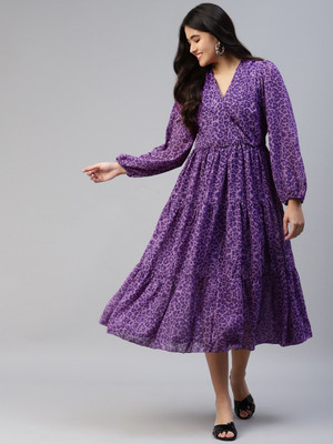 PLUSS Women Fit and Flare Purple Midi/Calf Length Dress