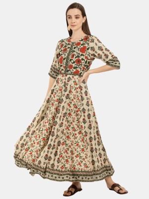 V-MART Women Fit and Flare Beige, Red, Green Dress