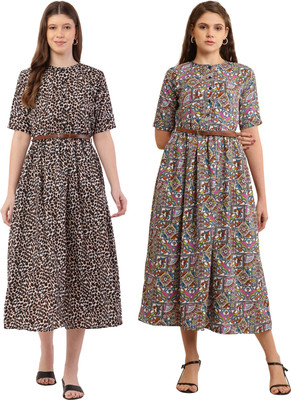 Mamnoon Women Fit and Flare Dark Green, Green Midi/Calf Length Dress