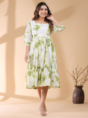 Janasya Women Tiered White Below Knee Dress