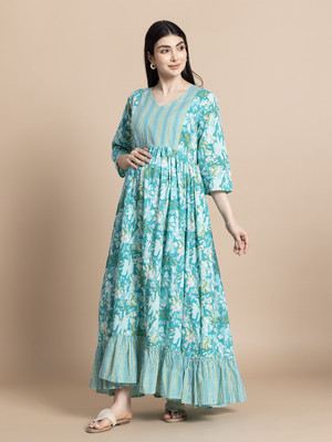 Gujari Women Ethnic Dress Light Blue Ankle Length Dress