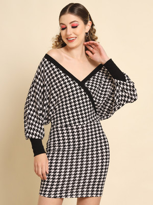TANDUL Women Bodycon Black, White Above Knee/Mid Thigh Length Dress