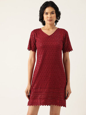 BRINNS Women A-line Maroon Above Knee/Mid Thigh Length Dress