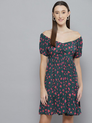 DENNISON Women A-line Dark Green, Pink Above Knee/Mid Thigh Length Dress